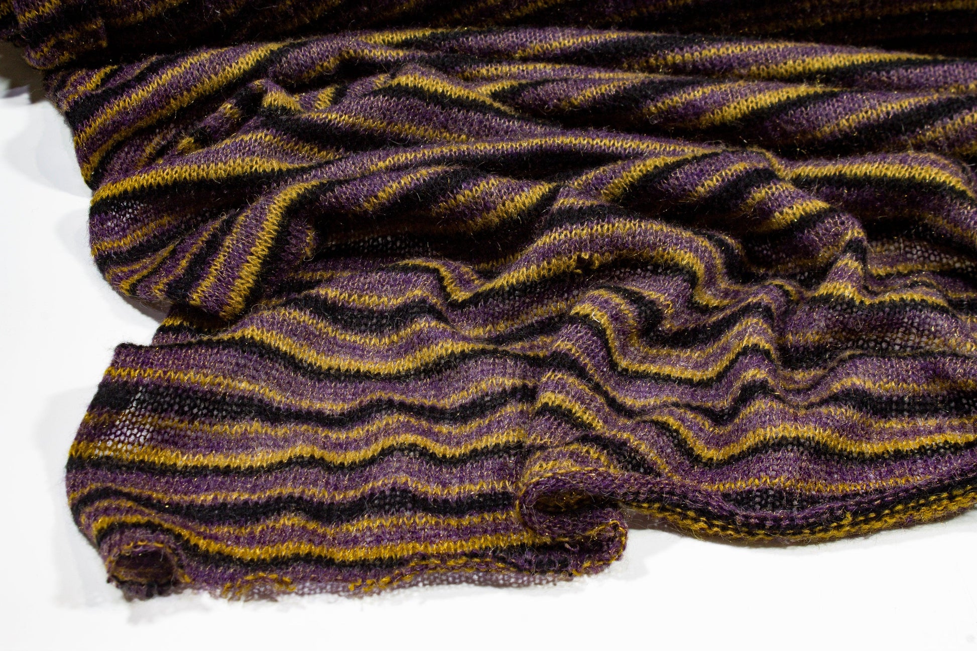Purple, Yellow and Black Striped Poly Wool Jersey Knit - Prime Fabrics