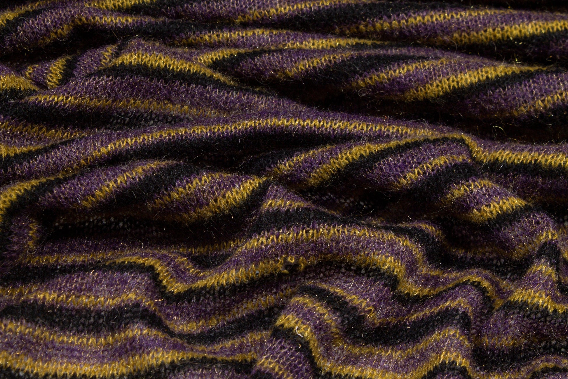 Purple, Yellow and Black Striped Poly Wool Jersey Knit - Prime Fabrics