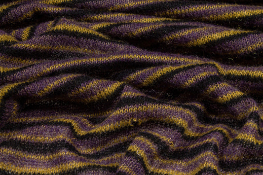 Purple, Yellow and Black Striped Poly Wool Jersey Knit - Prime Fabrics