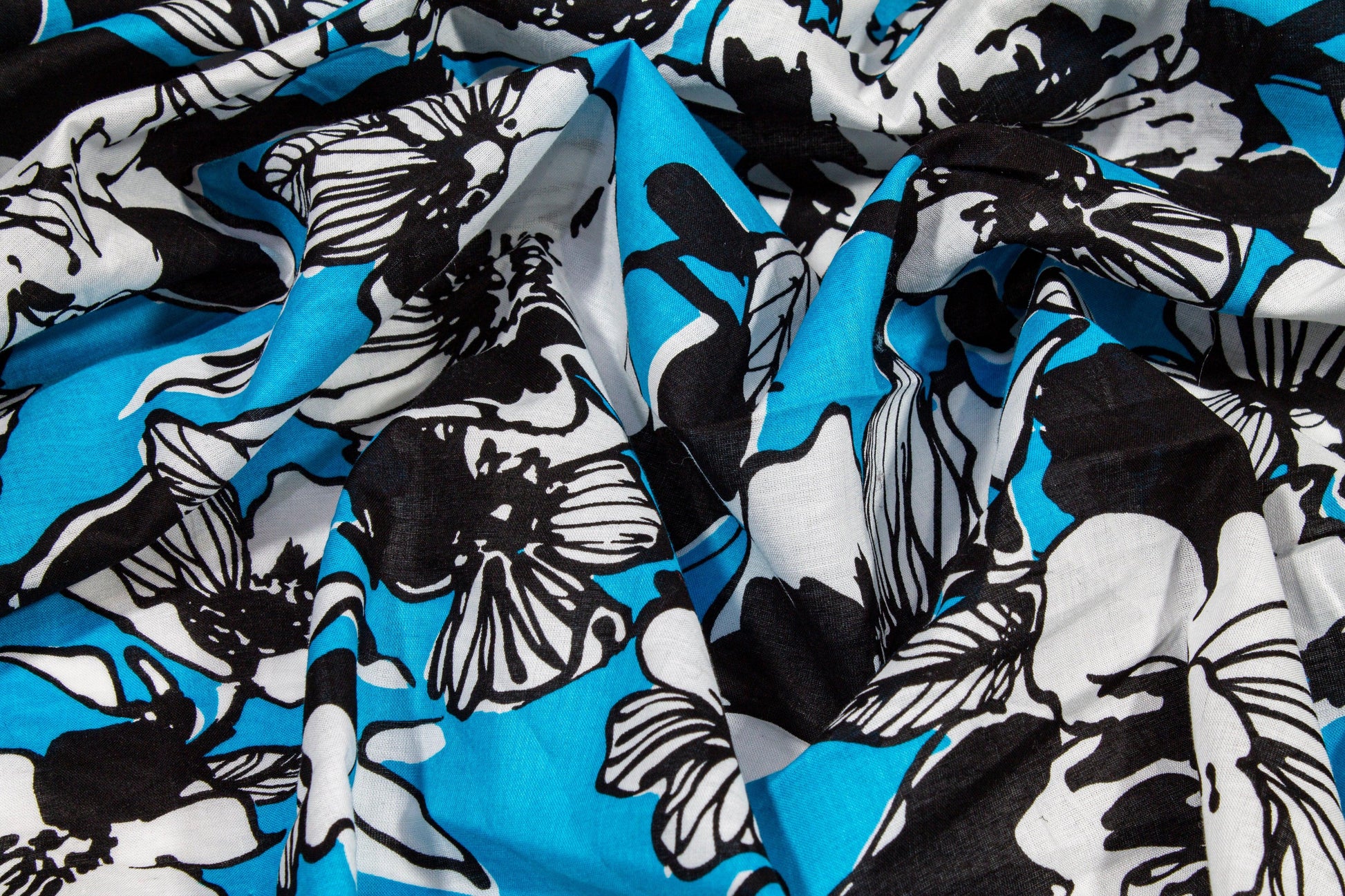 Floral Cotton Voile - Black, Blue, White - Prime Fabrics