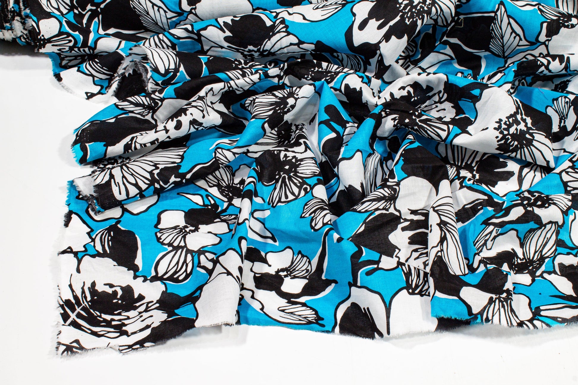 Floral Cotton Voile - Black, Blue, White - Prime Fabrics