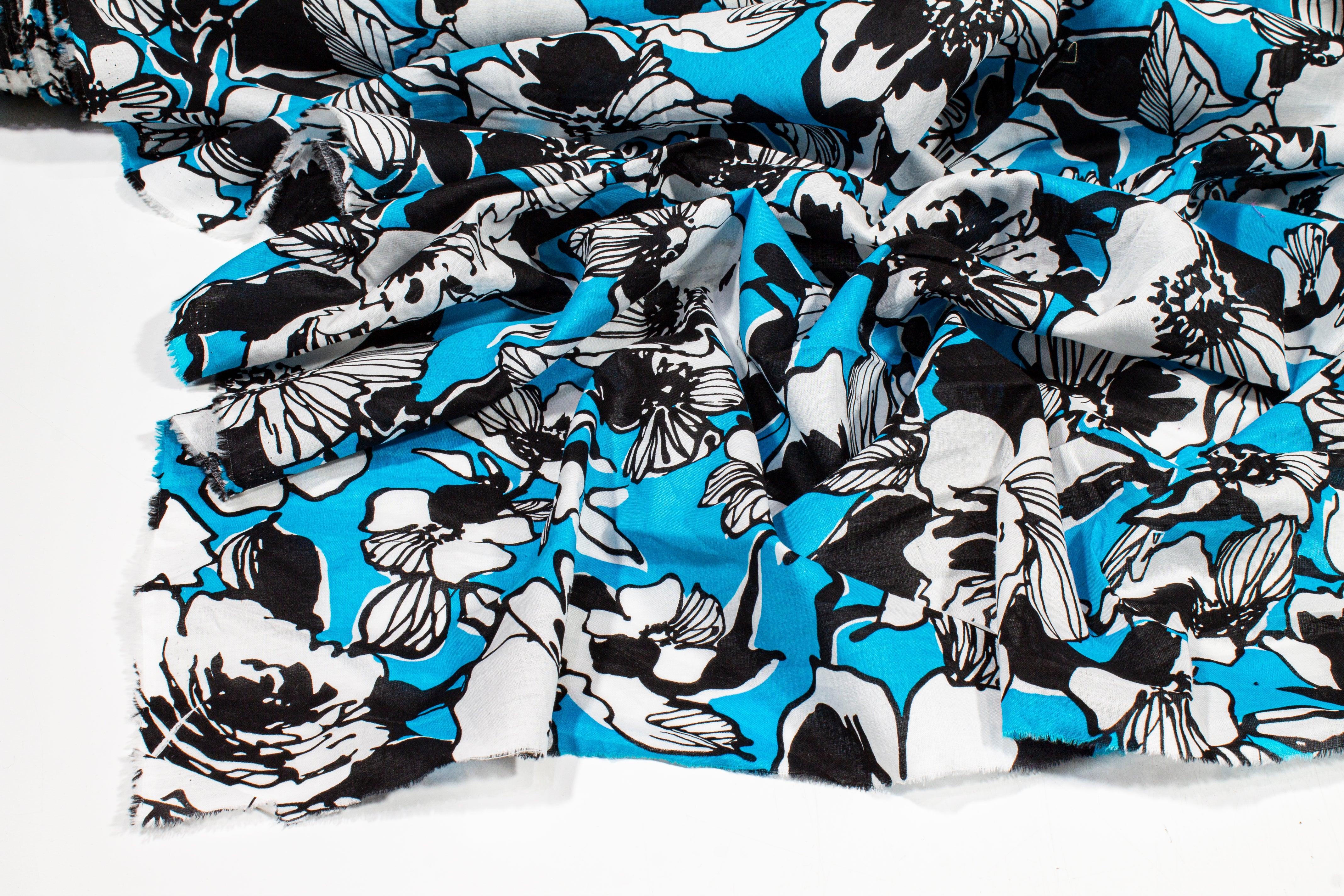 Floral Cotton Voile - Black, Blue, White - Prime Fabrics