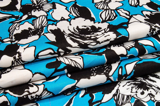 Floral Cotton Voile - Black, Blue, White - Prime Fabrics