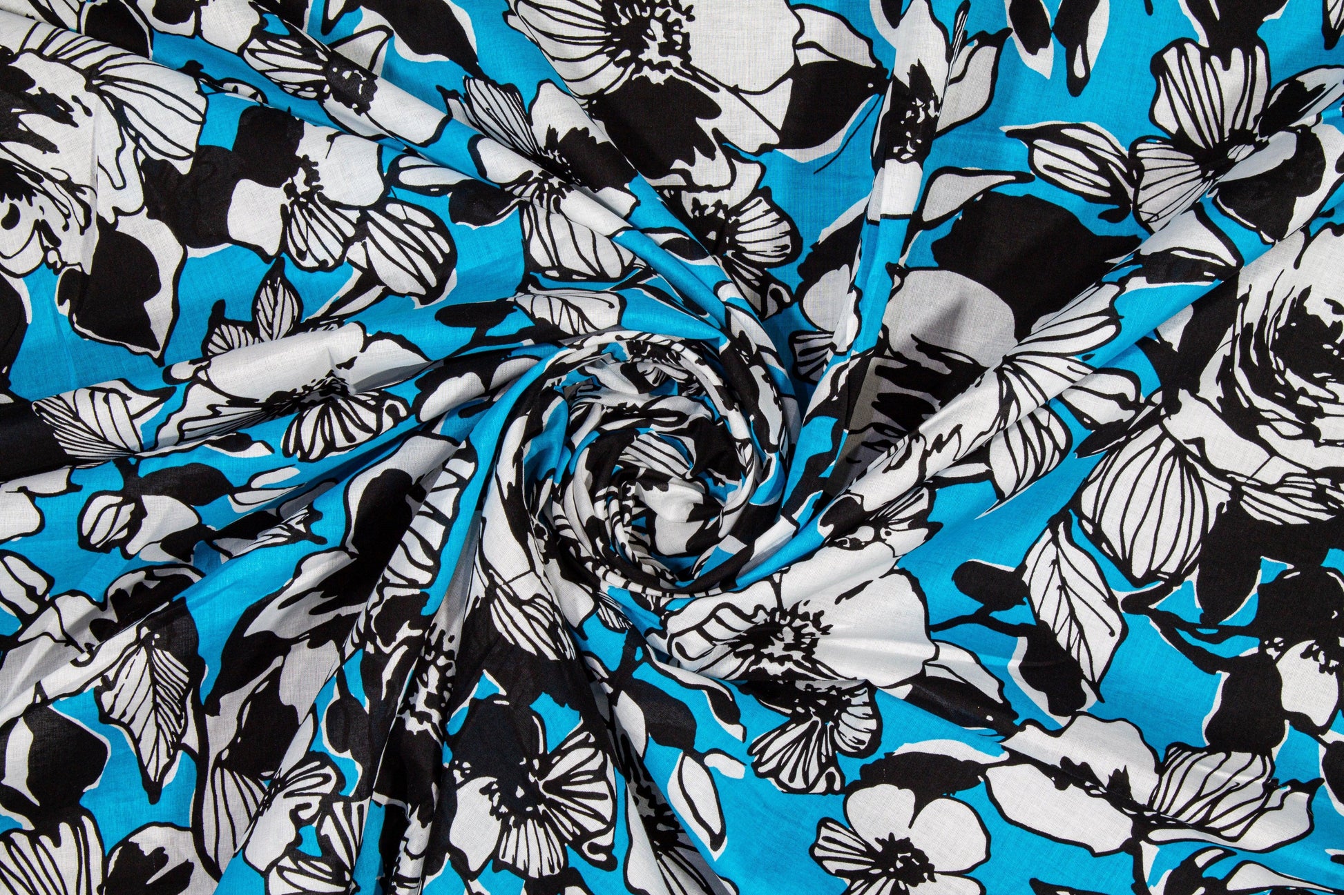 Floral Cotton Voile - Black, Blue, White - Prime Fabrics