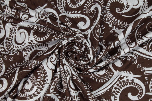 Embroidered Paisley Cotton Voile - Brown and White - Prime Fabrics