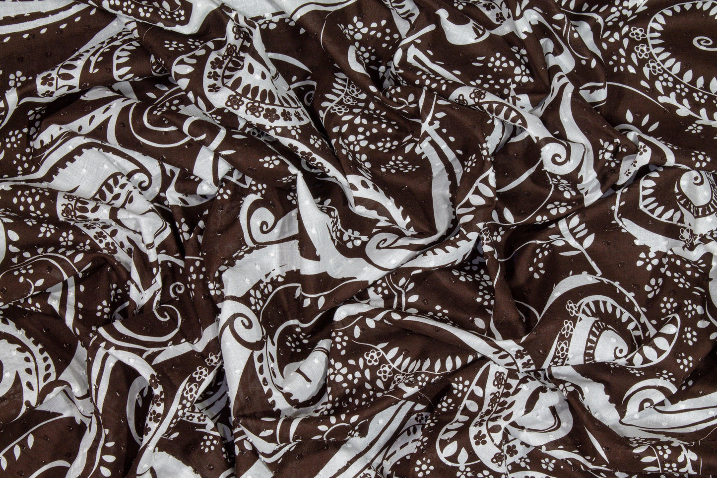 Embroidered Paisley Cotton Voile - Brown and White - Prime Fabrics