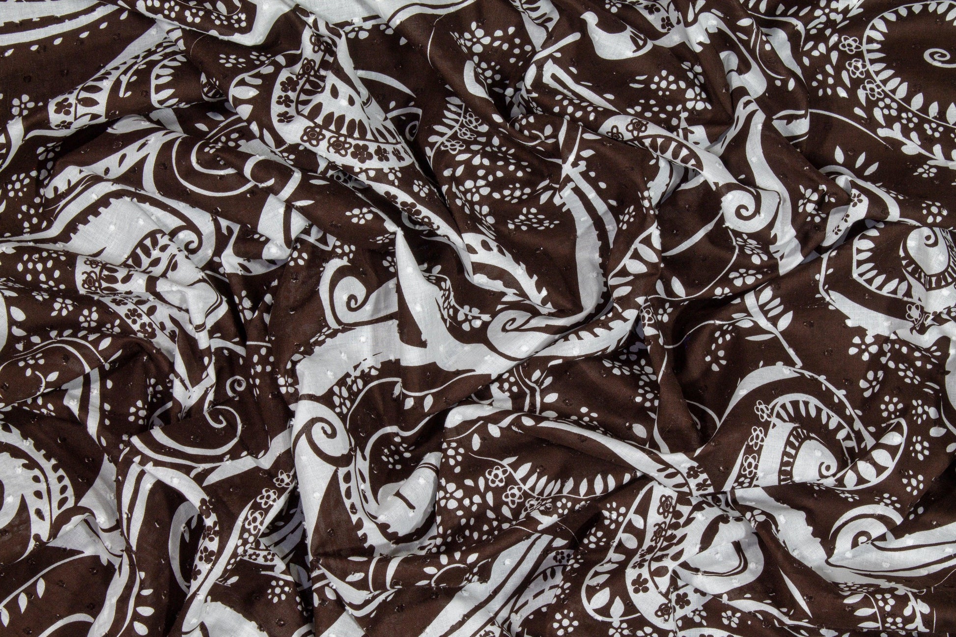 Embroidered Paisley Cotton Voile - Brown and White - Prime Fabrics