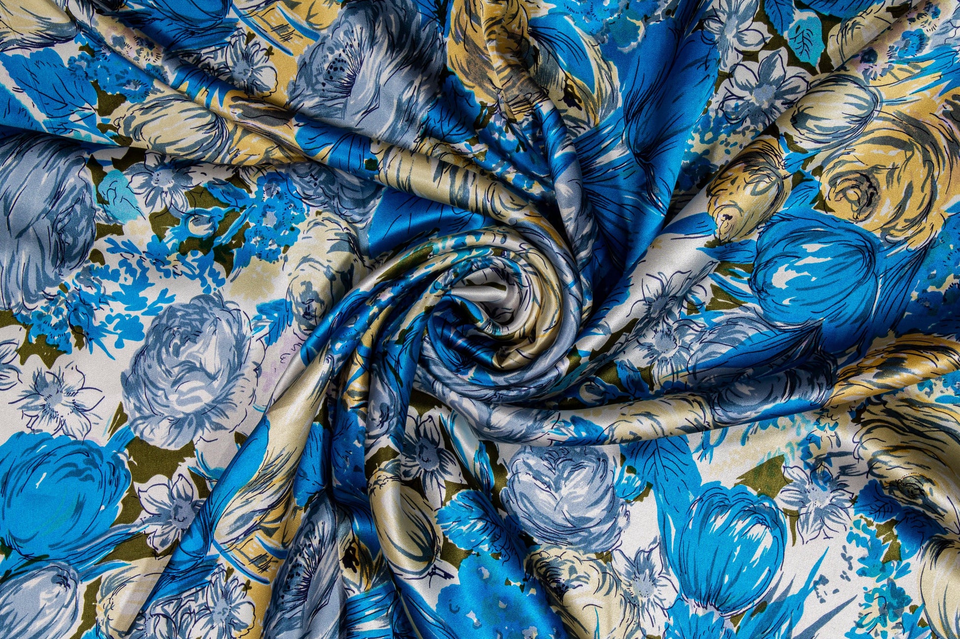 Watercolor Floral Silk Charmeuse - Blue - Prime Fabrics