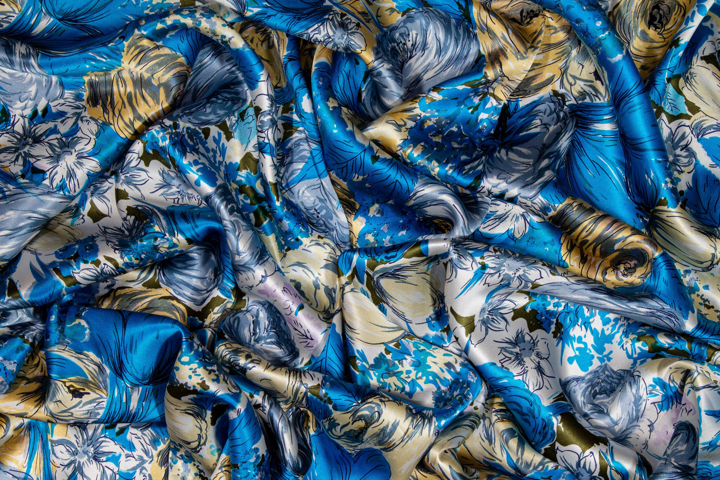 Watercolor Floral Silk Charmeuse - Blue - Prime Fabrics