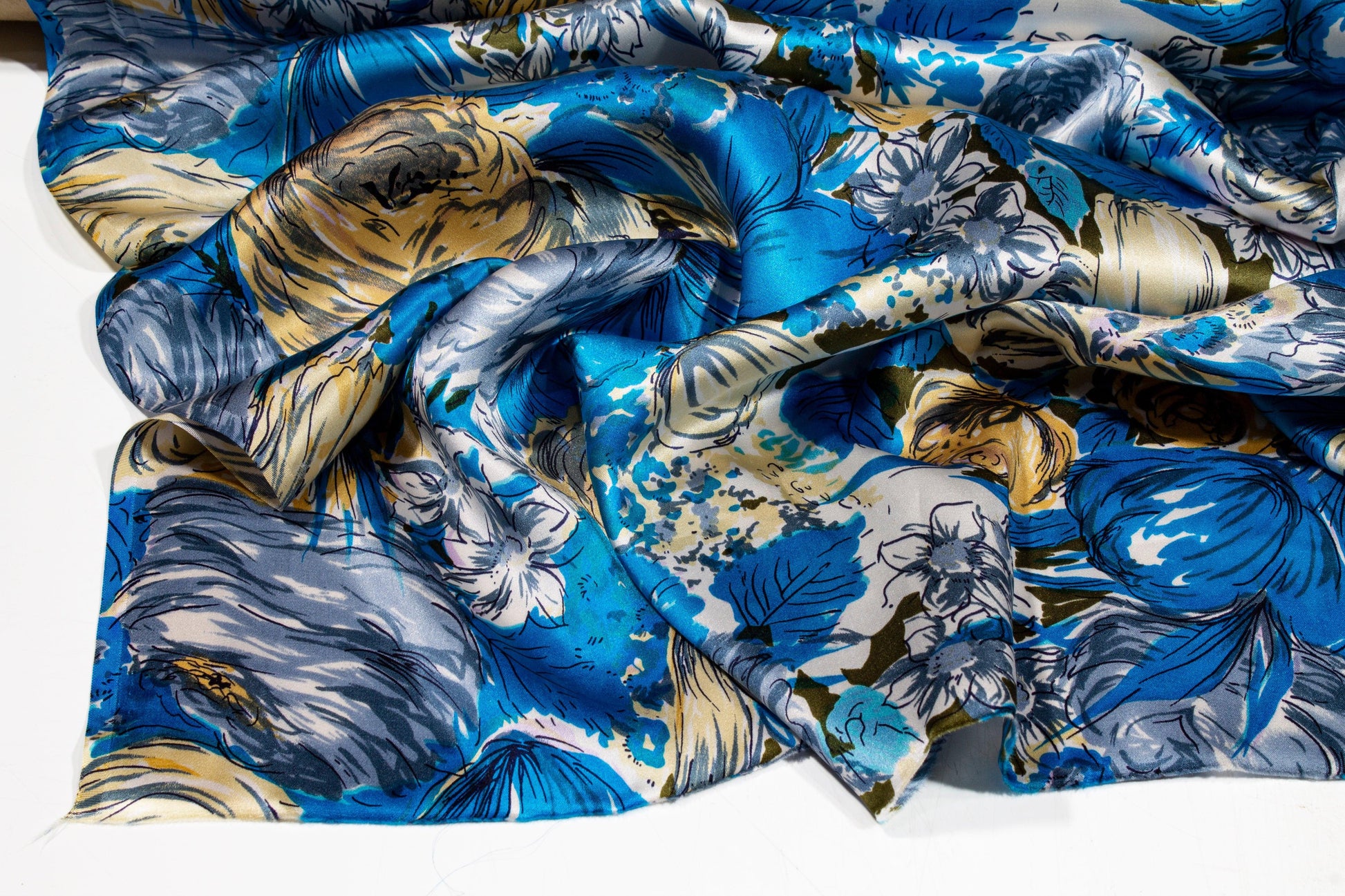 Watercolor Floral Silk Charmeuse - Blue - Prime Fabrics