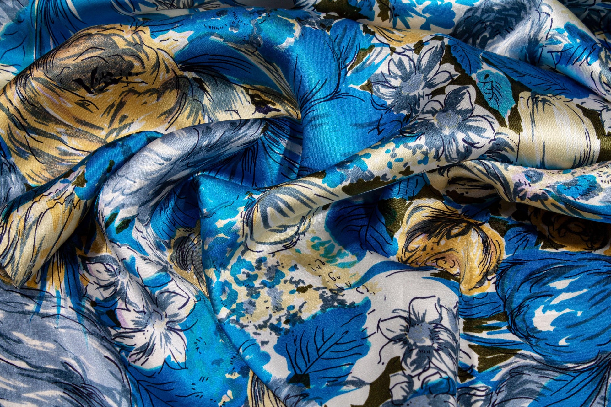 Watercolor Floral Silk Charmeuse - Blue - Prime Fabrics