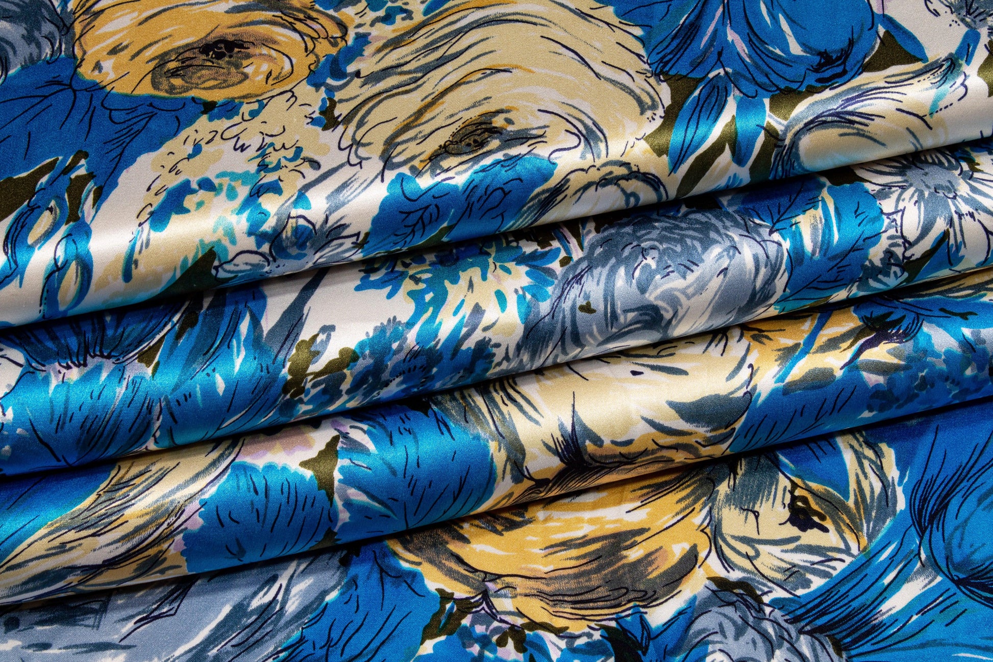 Watercolor Floral Silk Charmeuse - Blue - Prime Fabrics