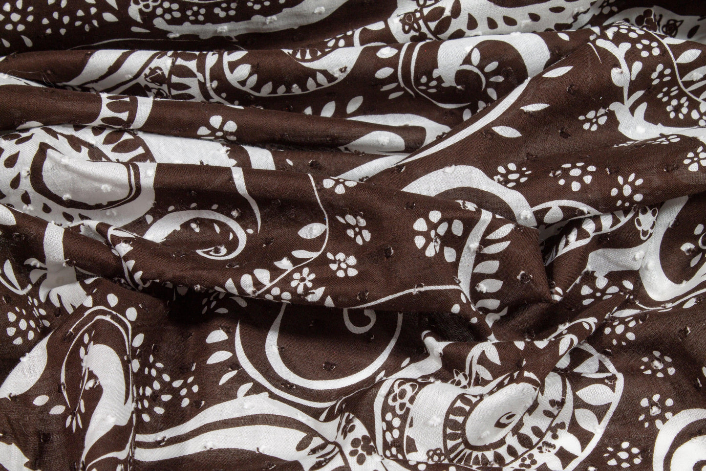 Embroidered Paisley Cotton Voile - Brown and White - Prime Fabrics