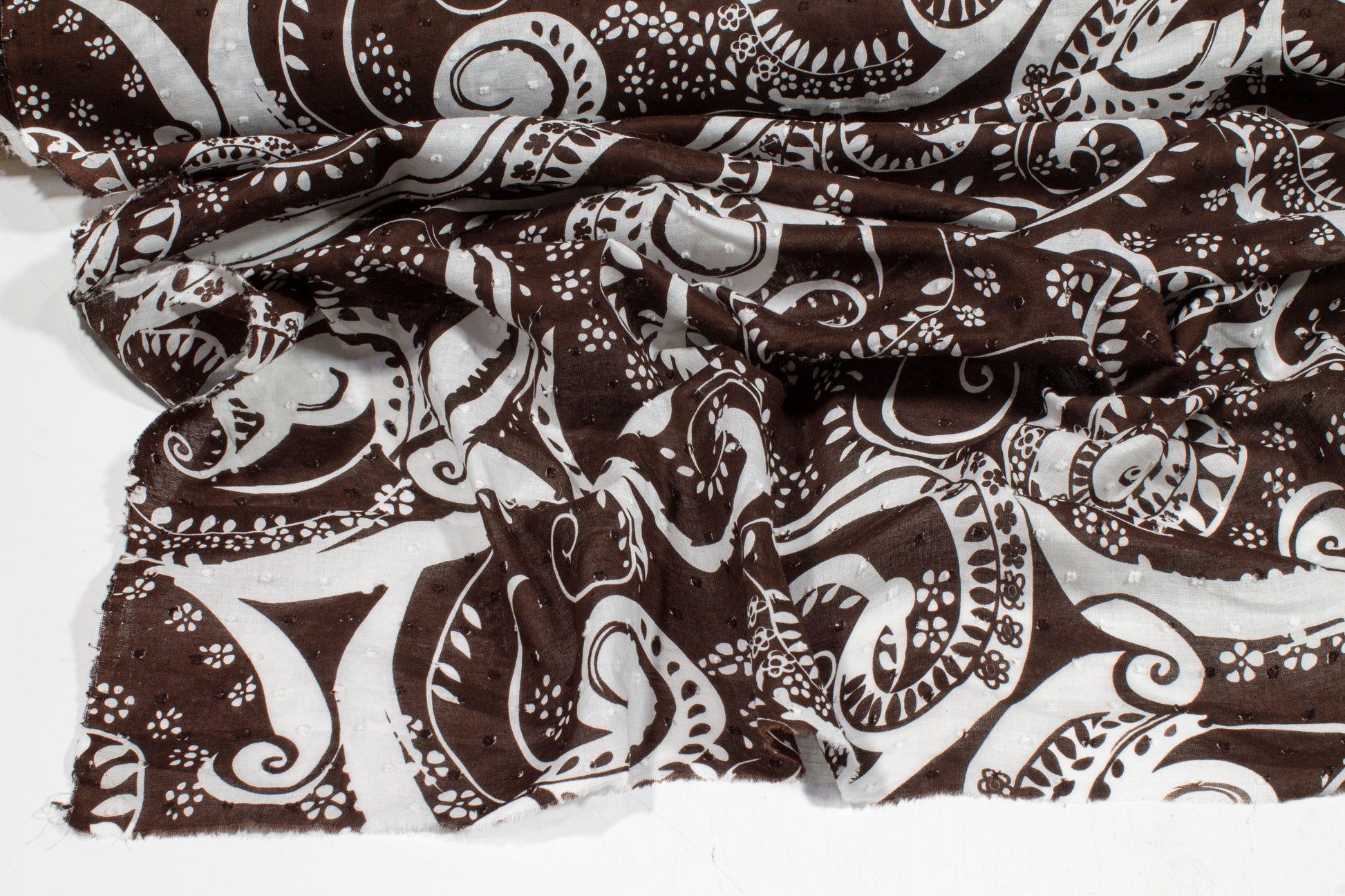 Embroidered Paisley Cotton Voile - Brown and White - Prime Fabrics