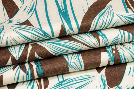 Leaf Print Cotton Voile - Brown, Turquoise, Off White - Prime Fabrics