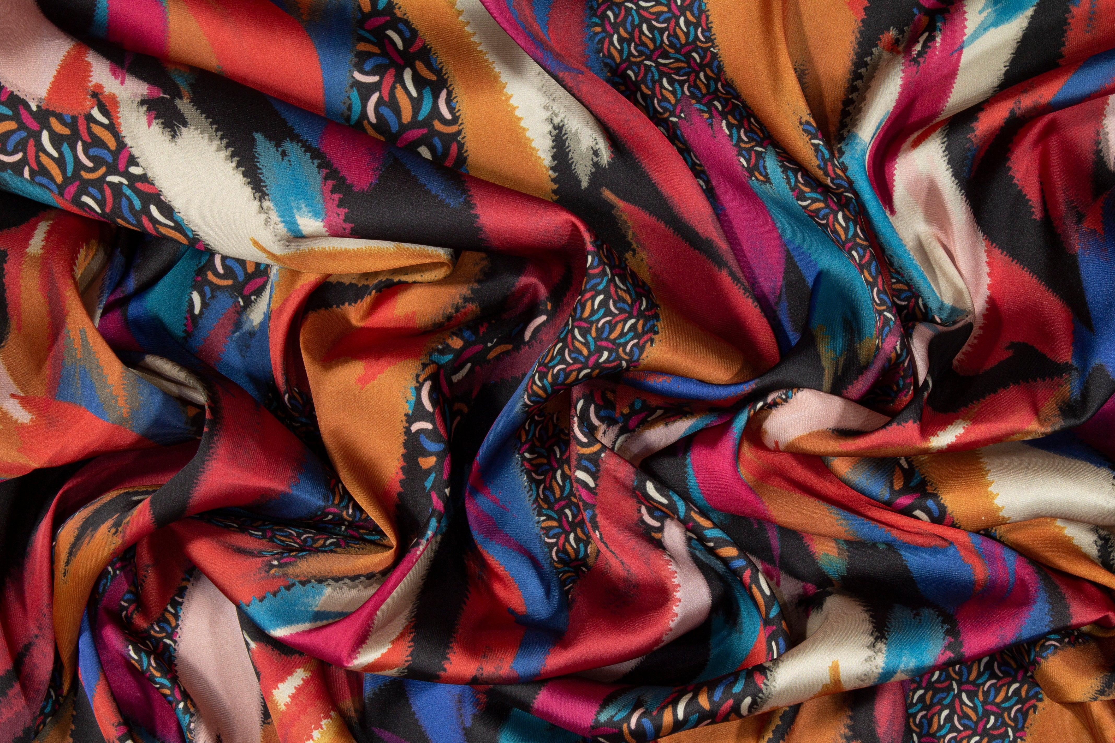 Abstract Italian Acetate Charmeuse - Blue and Orange - Prime Fabrics