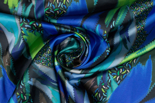 Abstract Italian Acetate Charmeuse - Blue and Green - Prime Fabrics