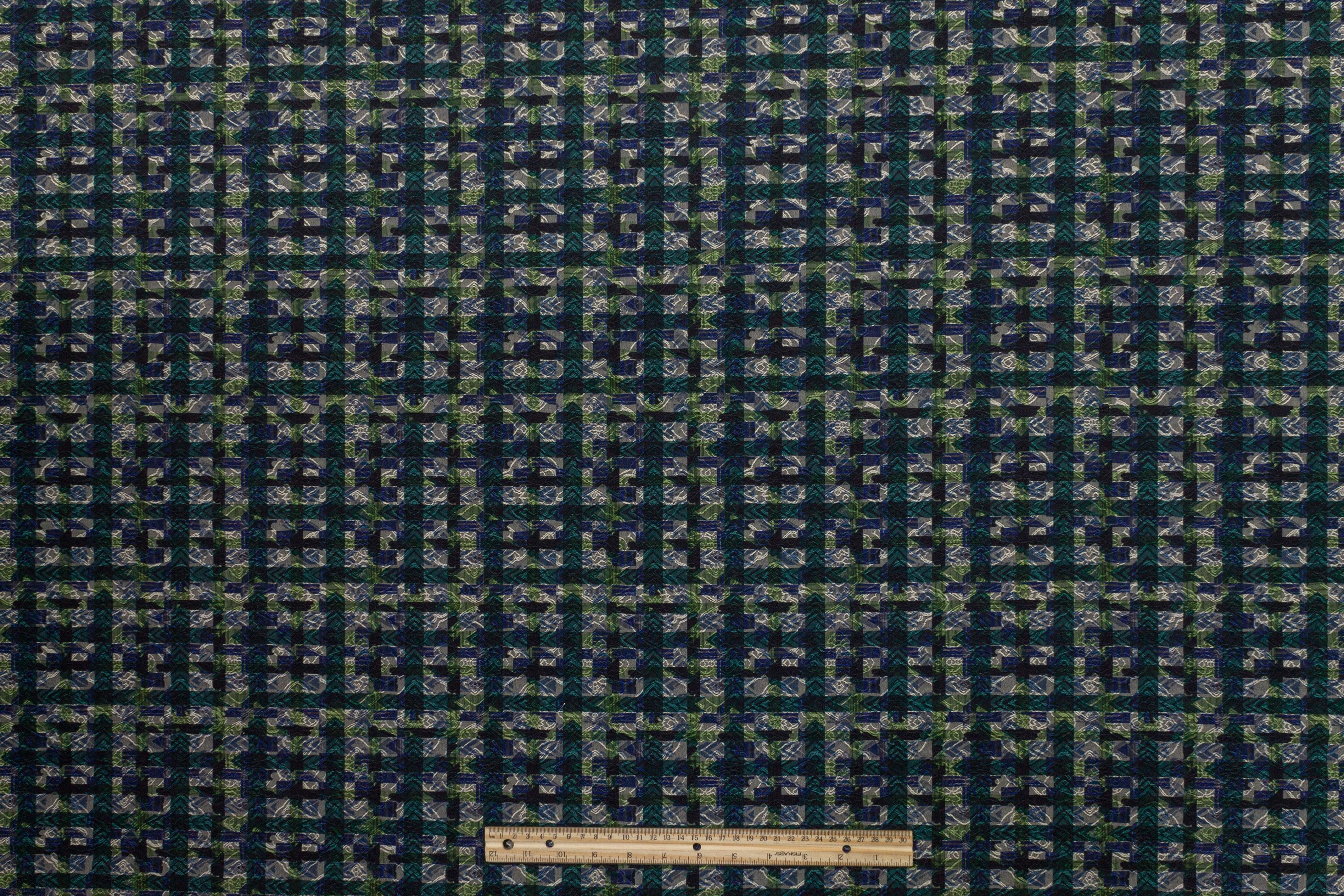 Checked Italian Stretch Brocade - Green and Blue - Prime Fabrics