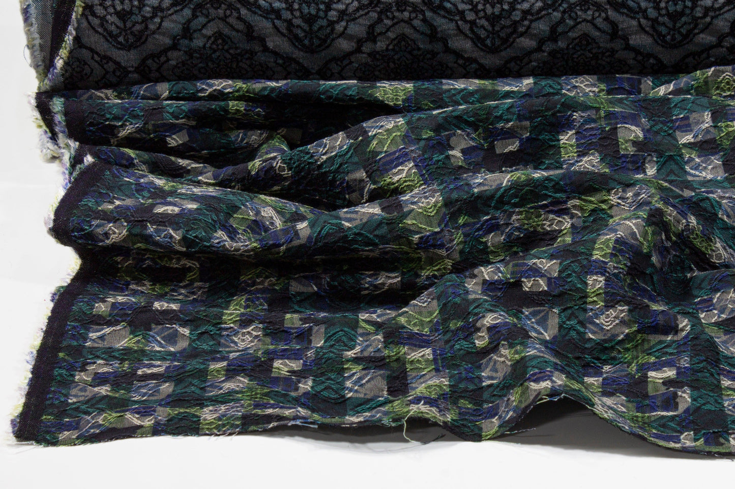Checked Italian Stretch Brocade - Green and Blue - Prime Fabrics