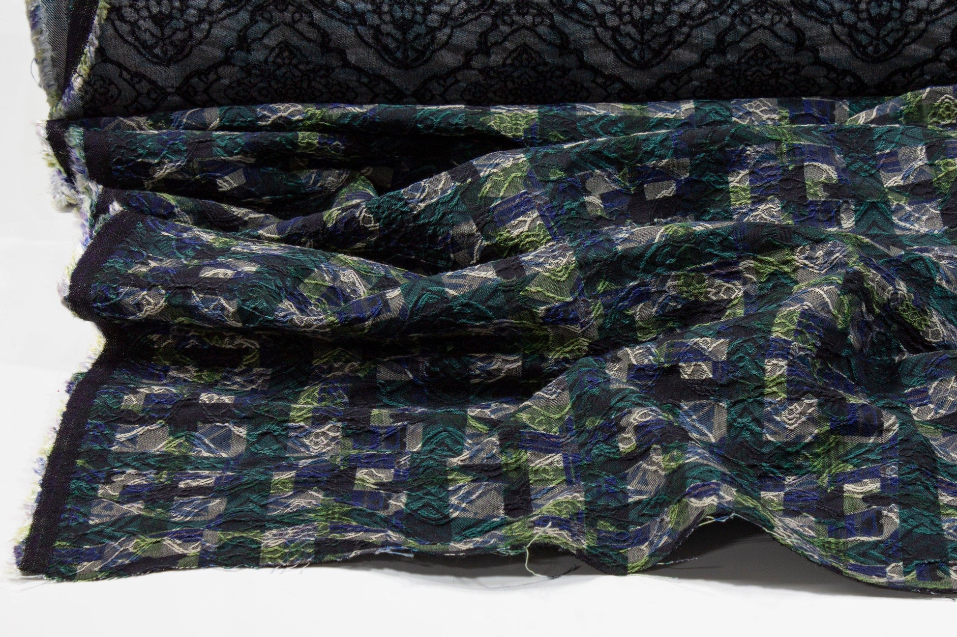Checked Italian Stretch Brocade - Green and Blue - Prime Fabrics