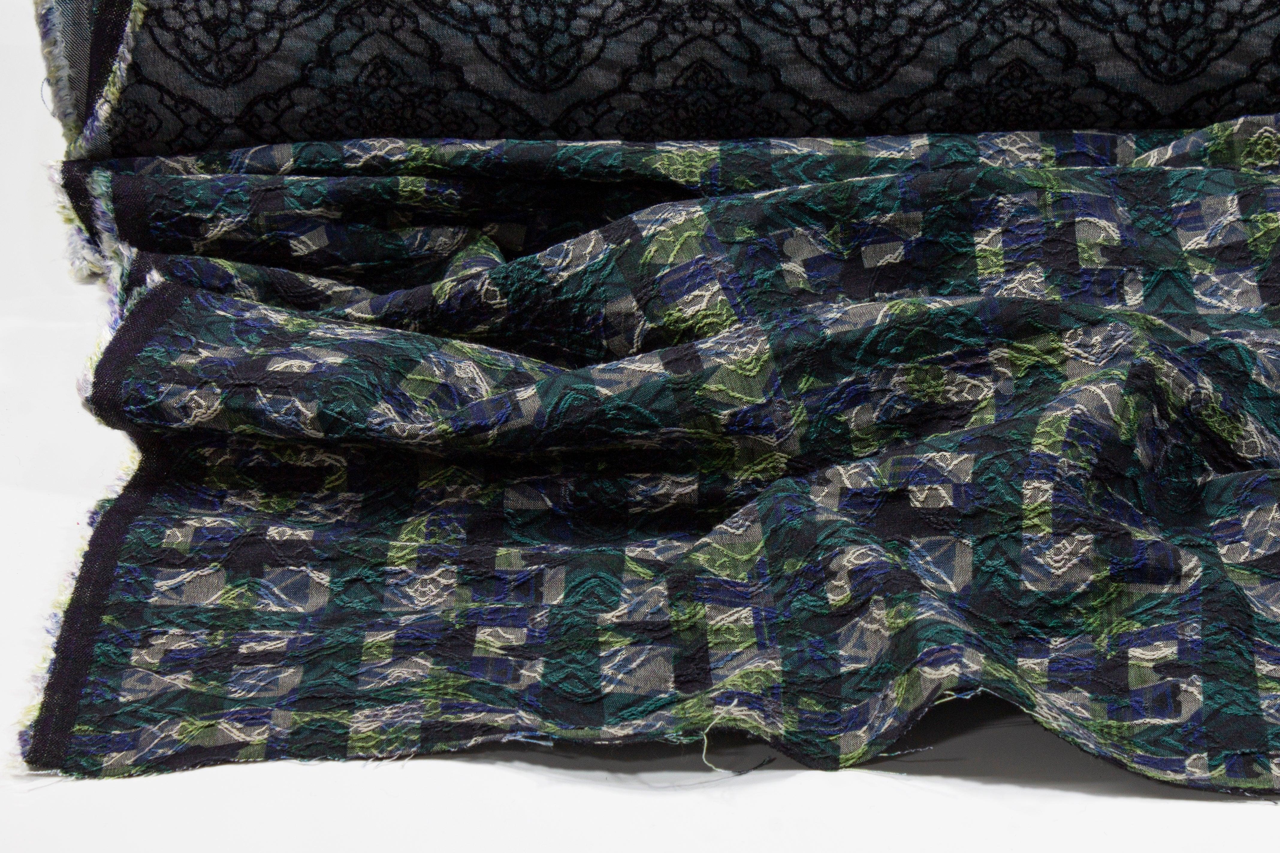 Checked Italian Stretch Brocade - Green and Blue - Prime Fabrics
