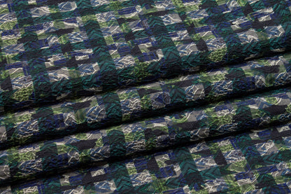 Checked Italian Stretch Brocade - Green and Blue - Prime Fabrics