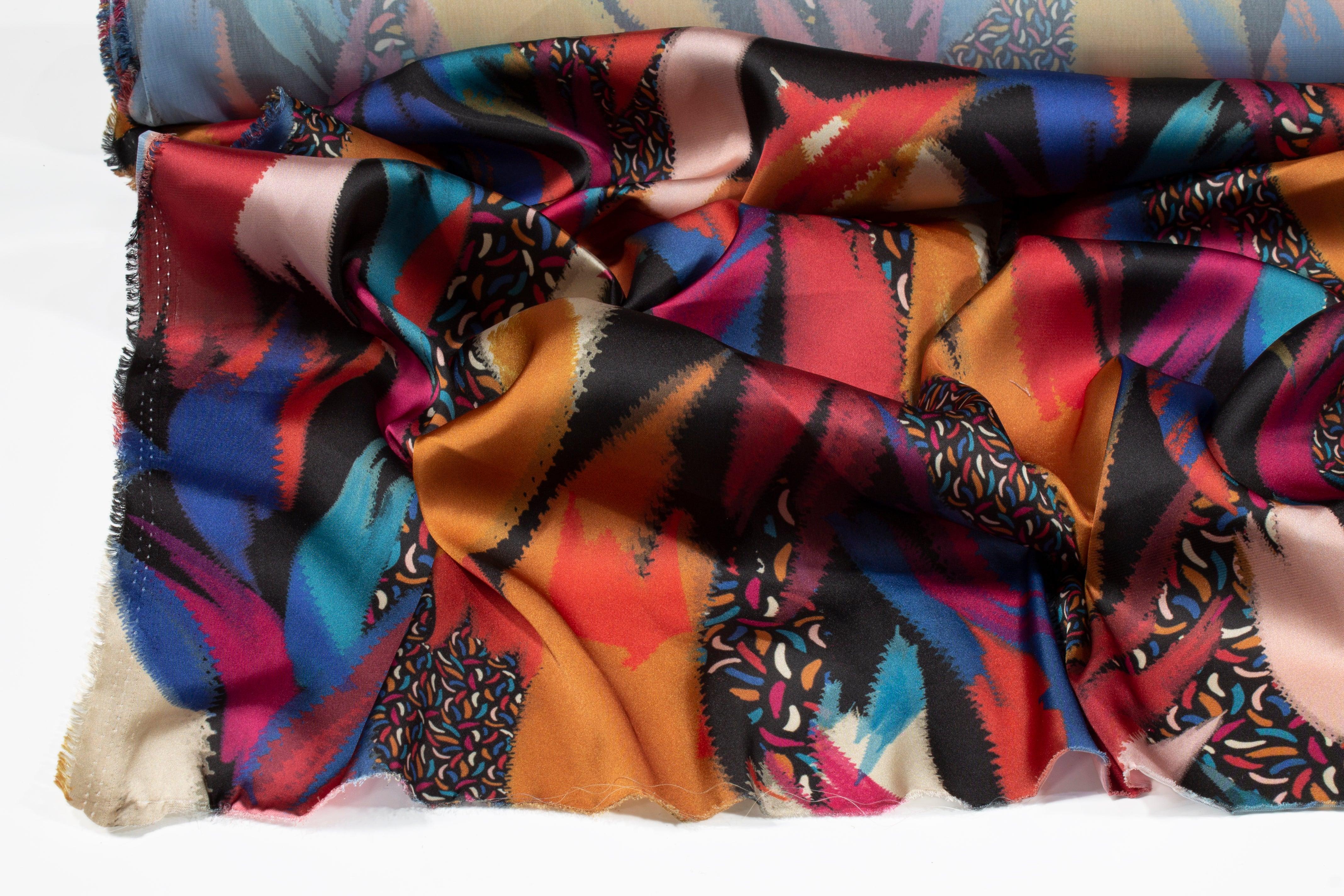 Abstract Italian Acetate Charmeuse - Blue and Orange - Prime Fabrics