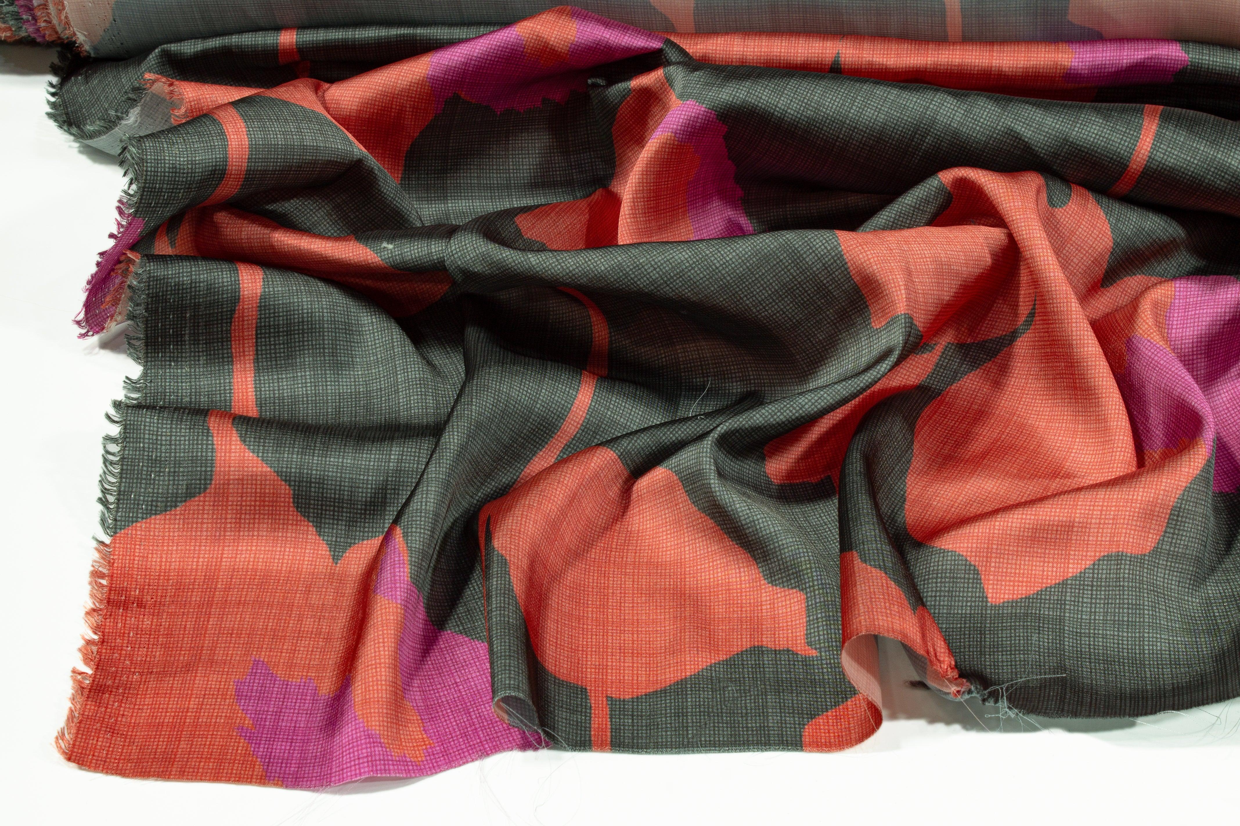 Floral Italian Charmeuse - Red, Purple, Gray - Prime Fabrics