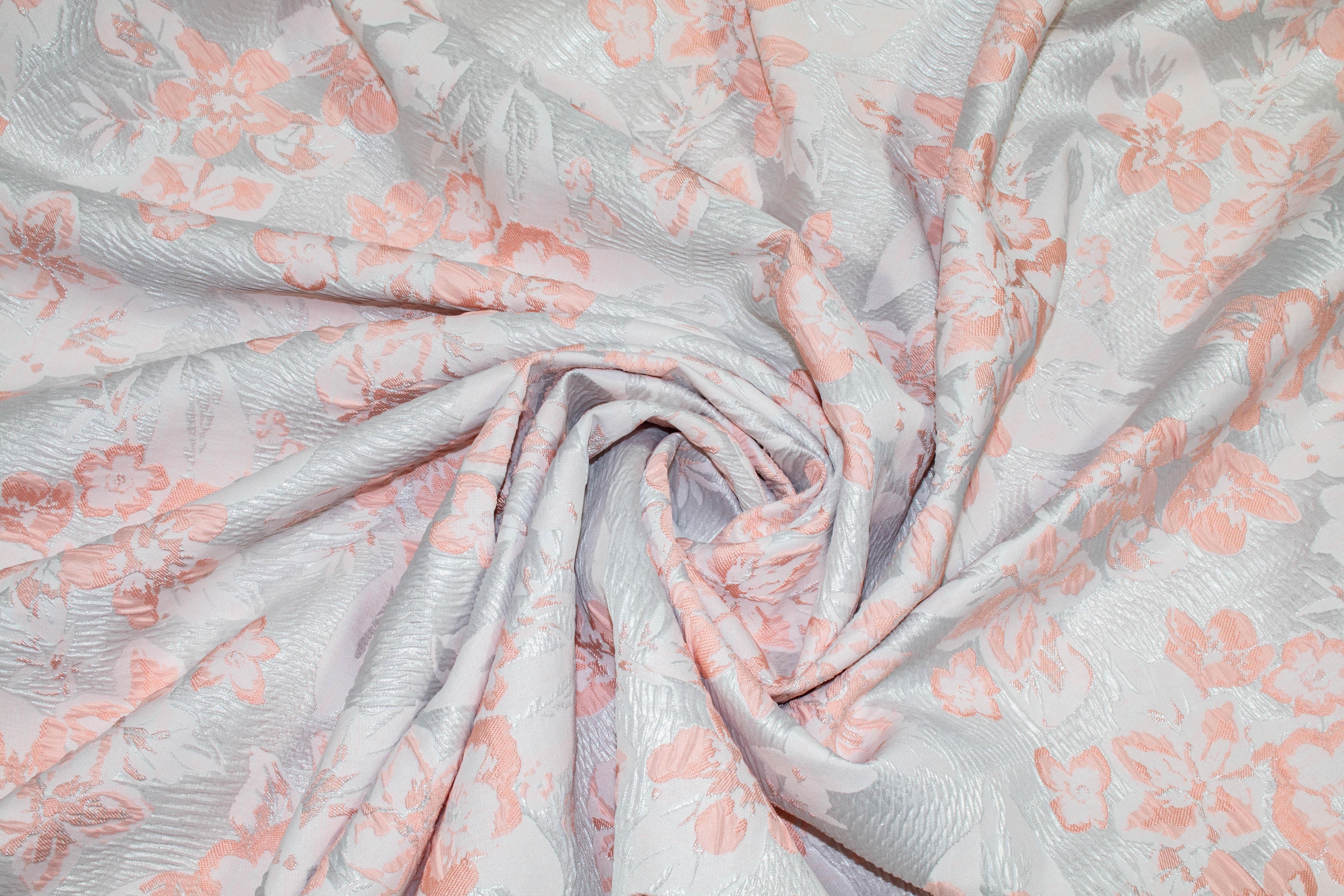 Floral Metallic Crushed Brocade - Silver and Pink - Prime Fabrics