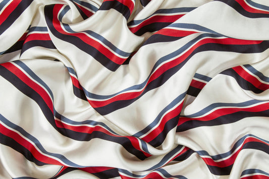 Heavy Striped Viscose Charmeuse - Red, Navy, Off White - Prime Fabrics