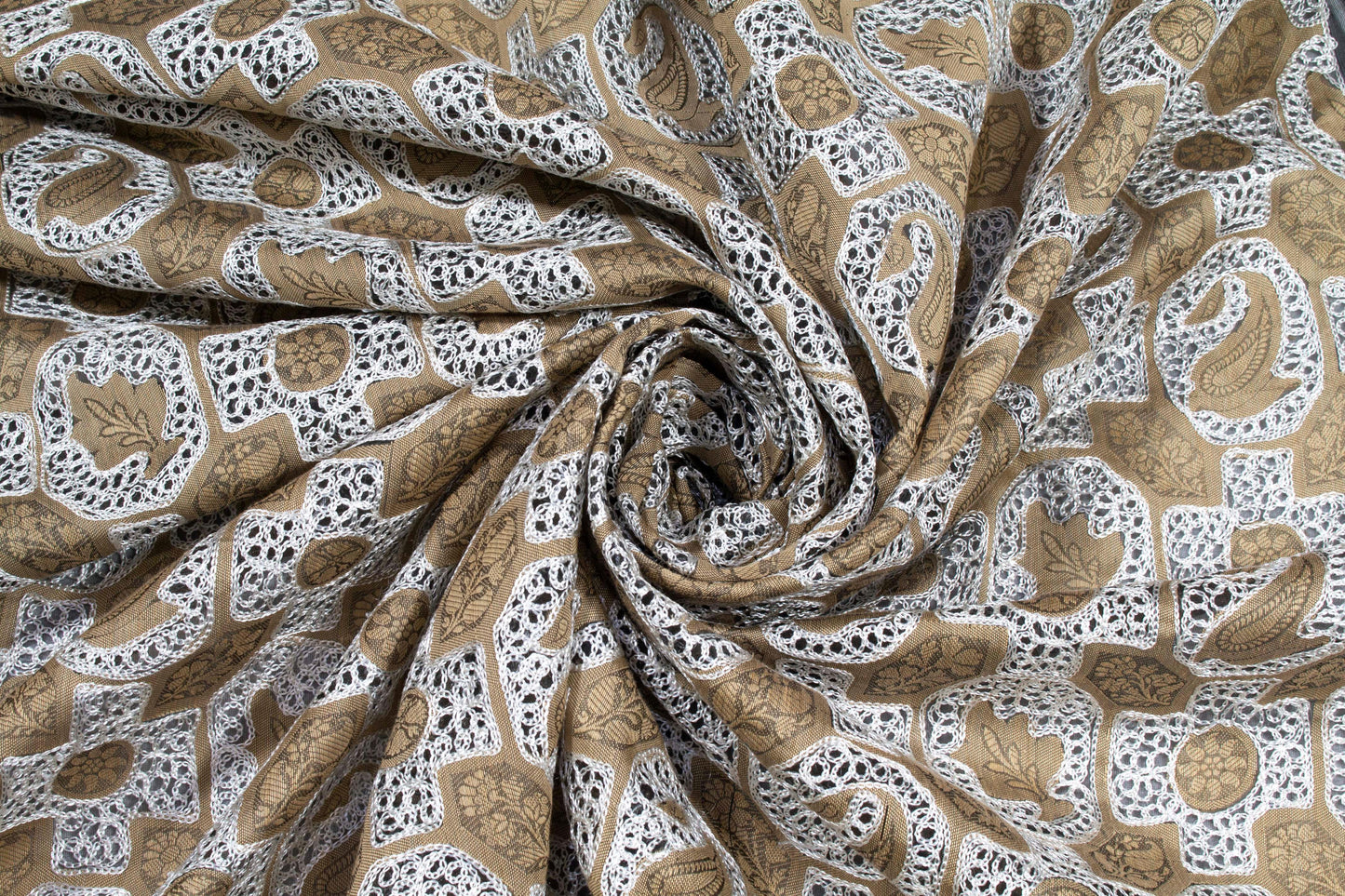 Khaki and White Floral Paisley Silk - Prime Fabrics