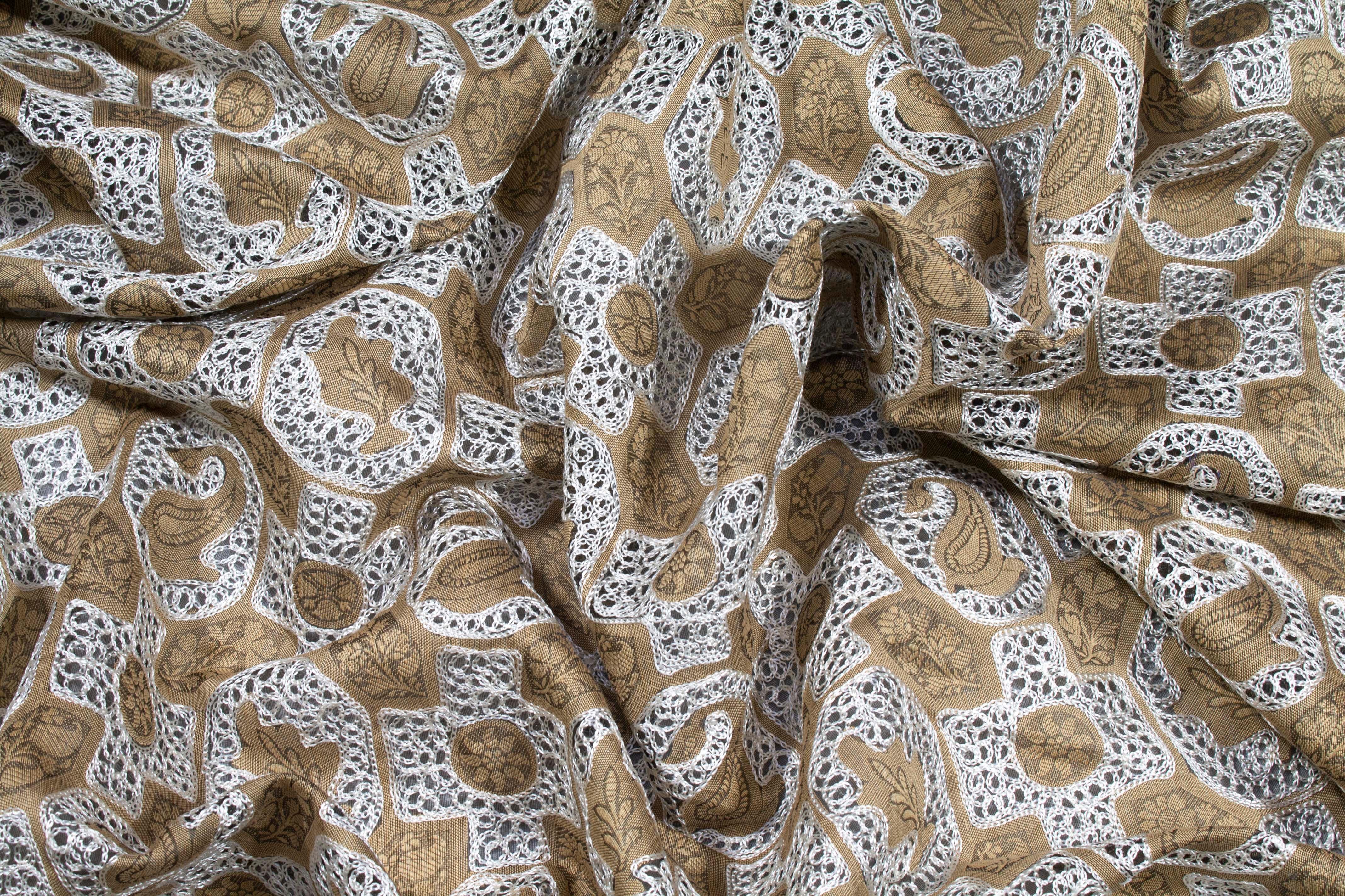 Khaki and White Floral Paisley Silk - Prime Fabrics
