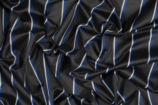 Gray, Blue and White Striped Italian Wool Suiting - Prime Fabrics
