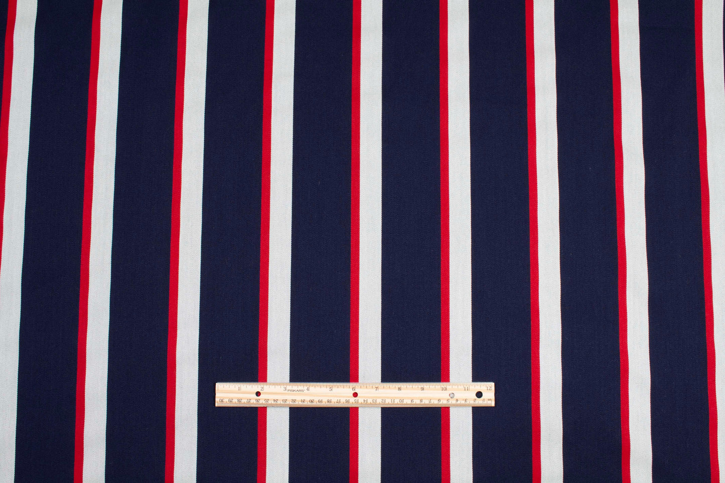 Navy, Red, and White Striped Italian Wool Suiting - Prime Fabrics