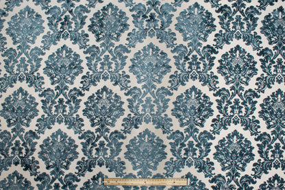 Blue Damask Cut Velvet Upholstery - Prime Fabrics