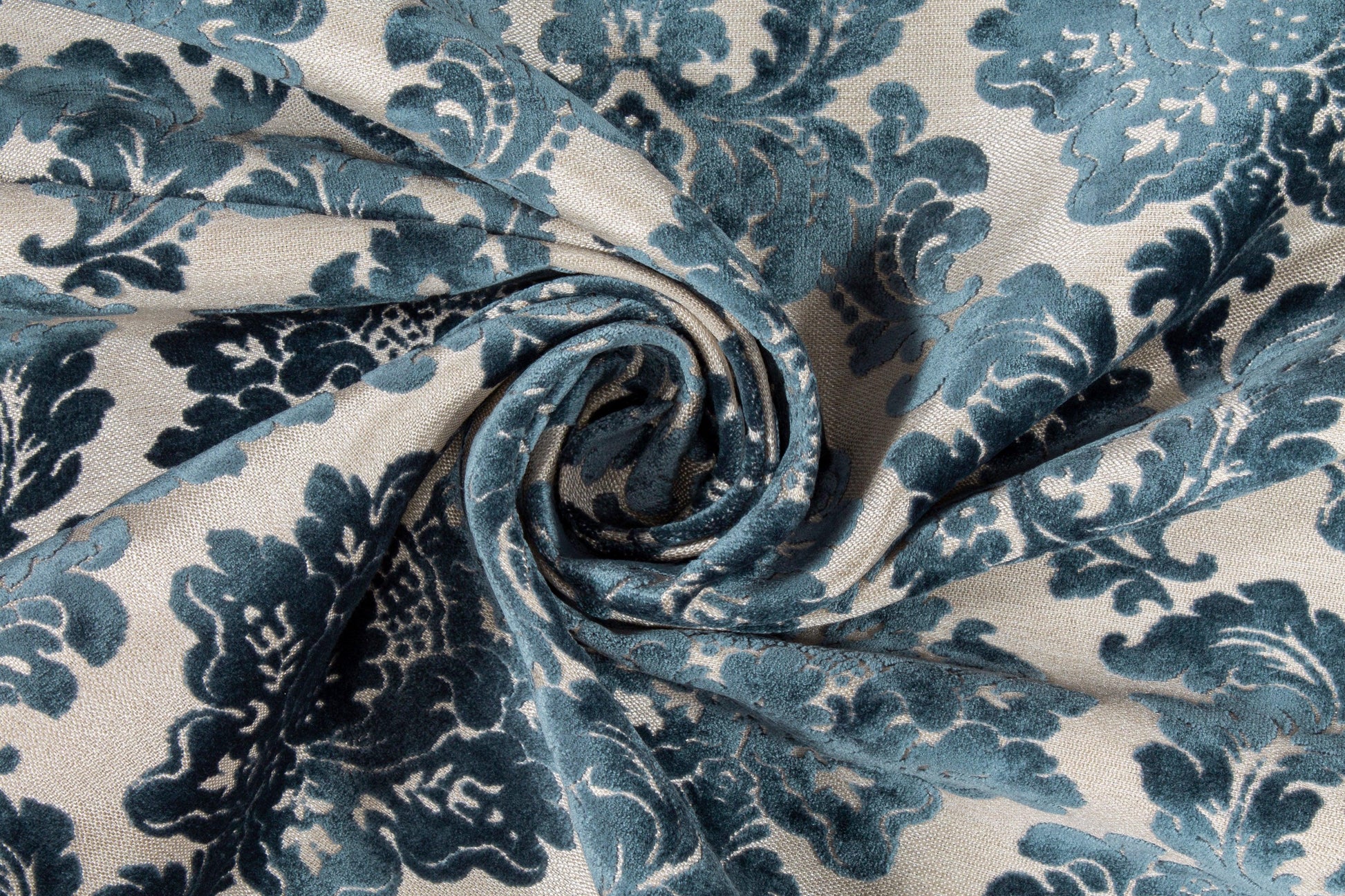 Blue Damask Cut Velvet Upholstery - Prime Fabrics