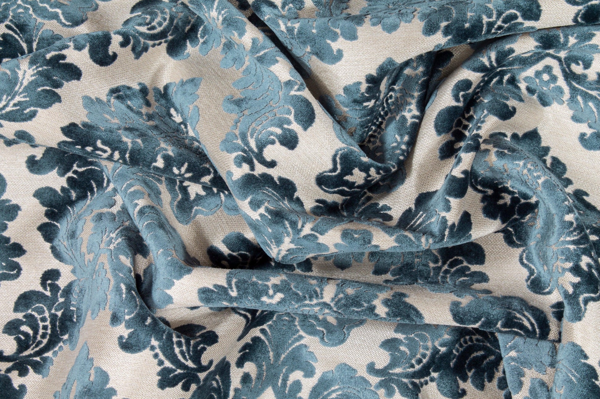 Blue Damask Cut Velvet Upholstery - Prime Fabrics