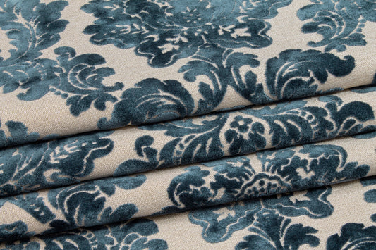 Blue Damask Cut Velvet Upholstery - Prime Fabrics