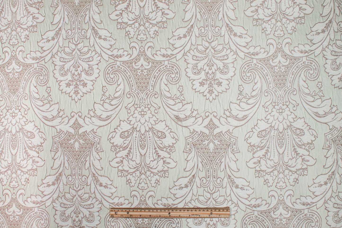 Damask Cut Velvet Upholstery - Green and Off White - Prime Fabrics