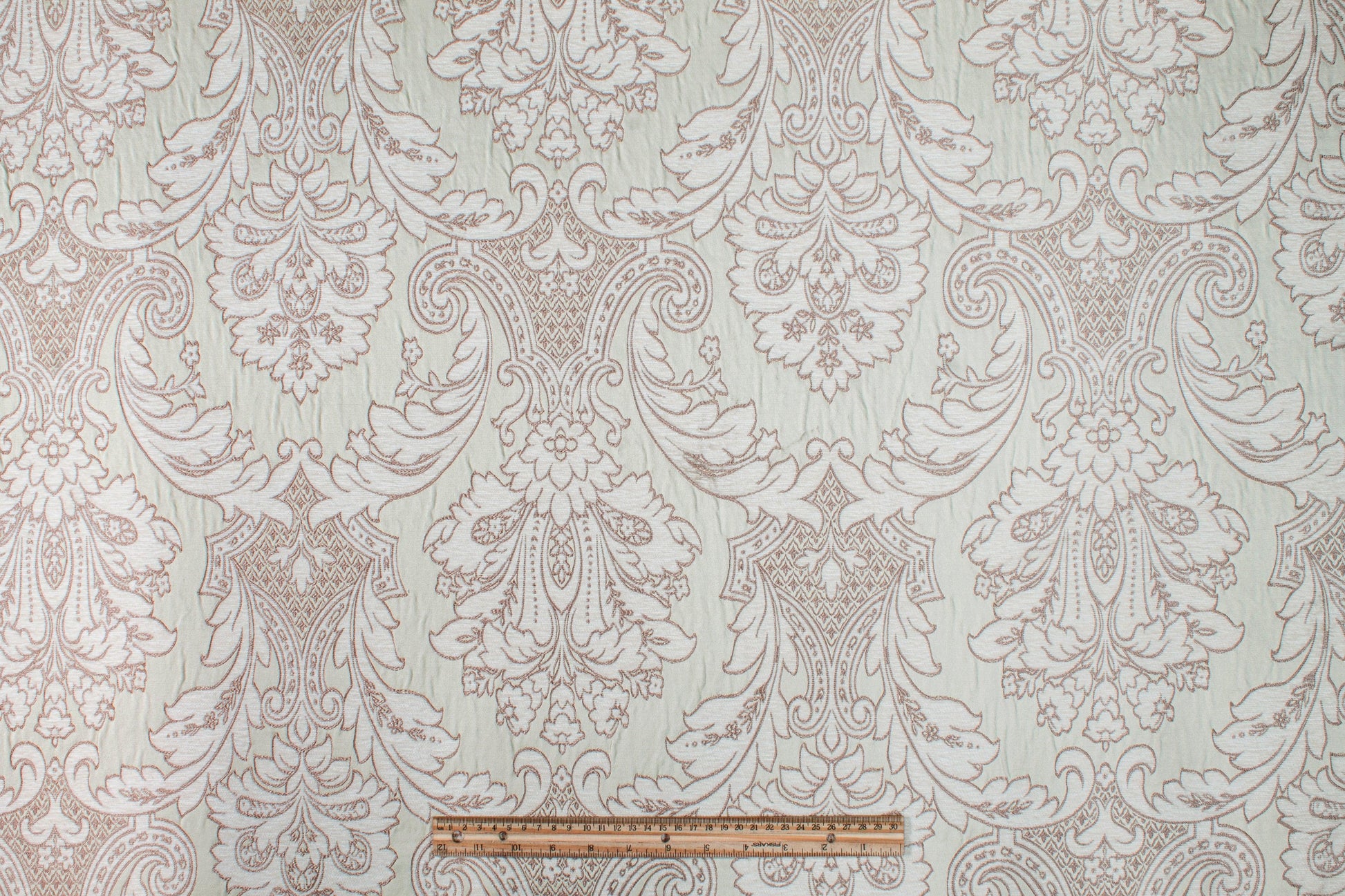 Damask Cut Velvet Upholstery - Green and Off White - Prime Fabrics