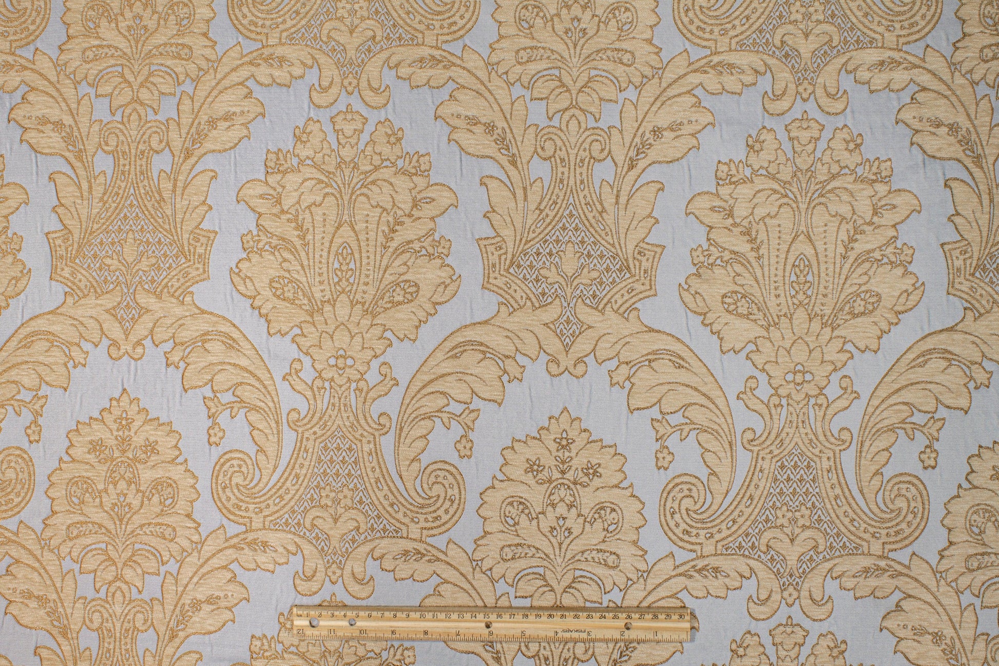 Damask Cut Velvet Upholstery - Blue and Gold - Prime Fabrics