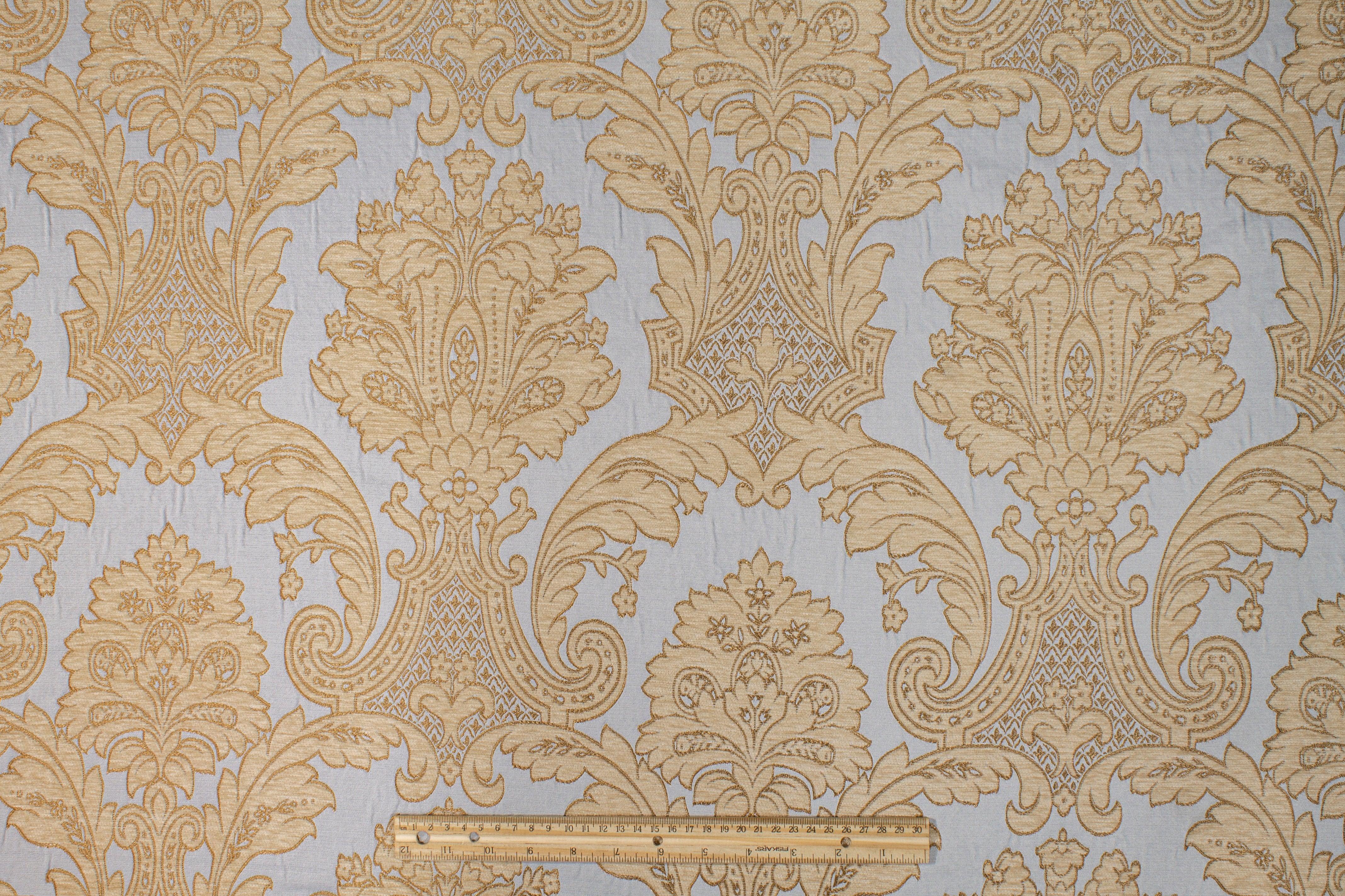 Damask Cut Velvet Upholstery - Blue and Gold - Prime Fabrics