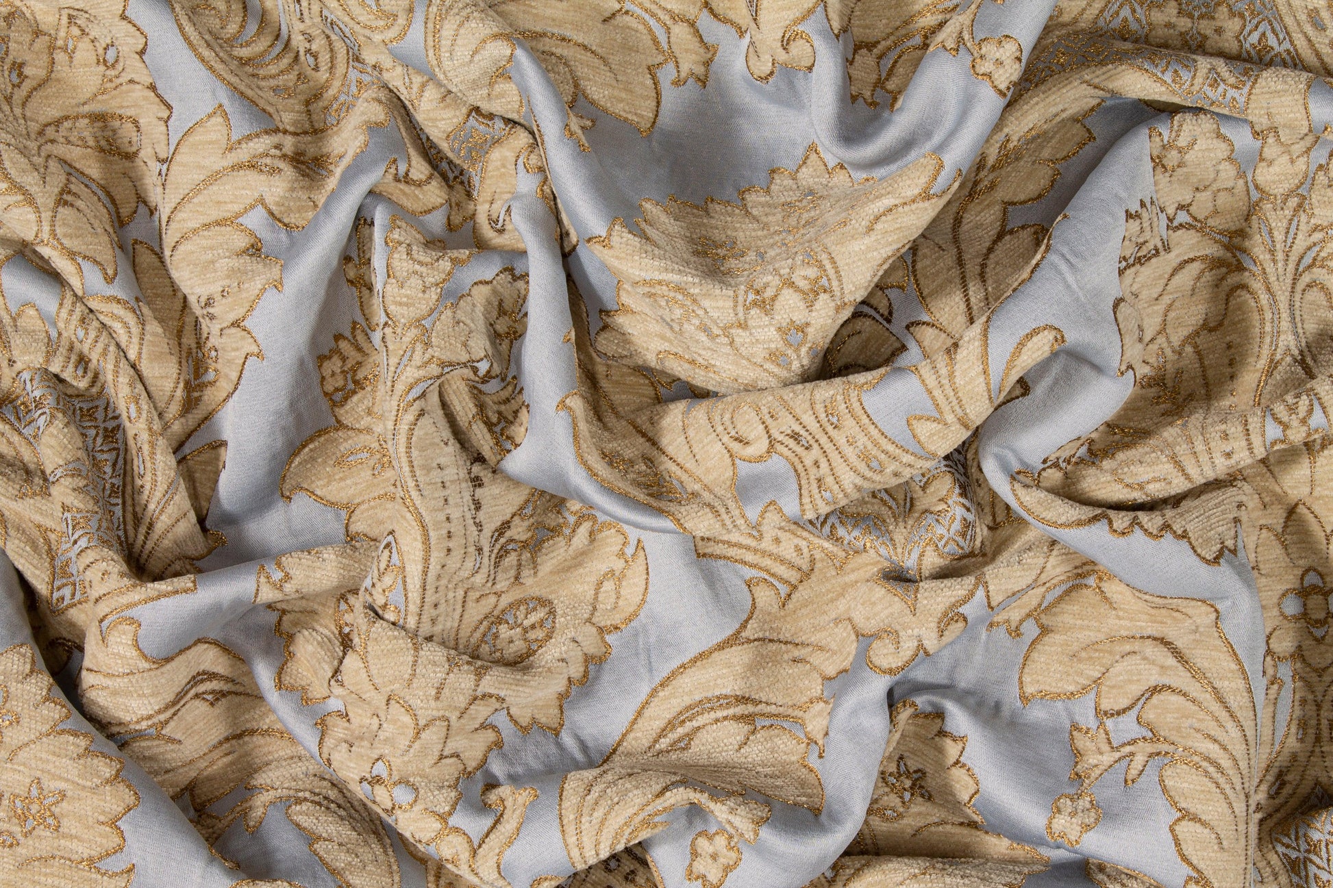 Damask Cut Velvet Upholstery - Blue and Gold - Prime Fabrics