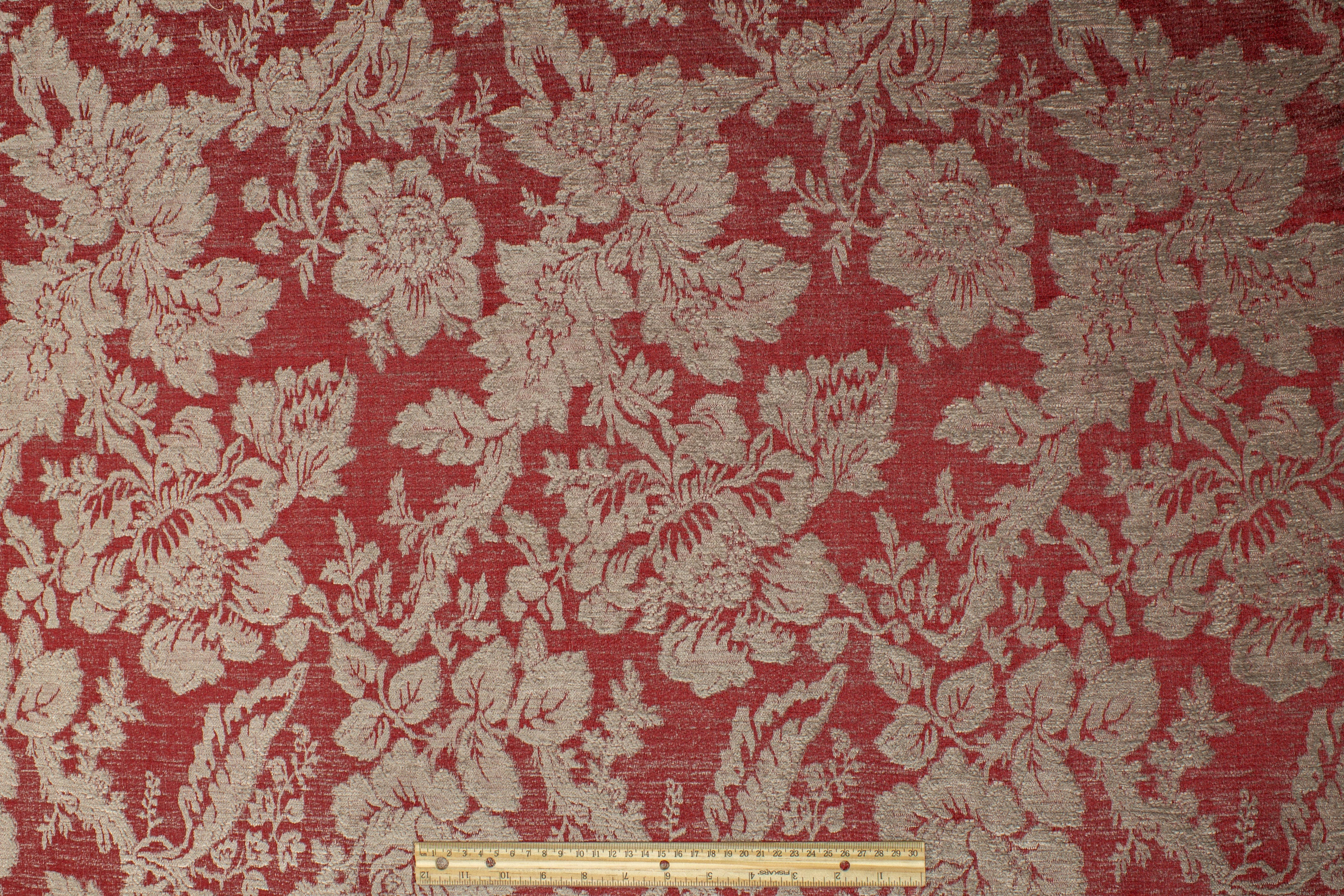 Floral Chenille Brocade - Red / Taupe