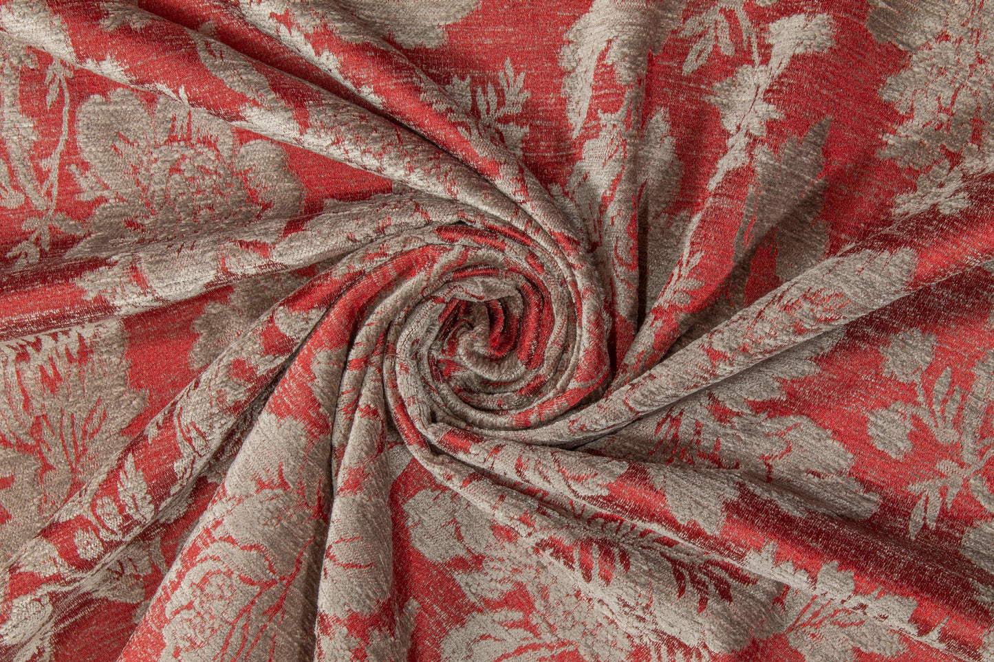 Floral Chenille Brocade - Red / Taupe