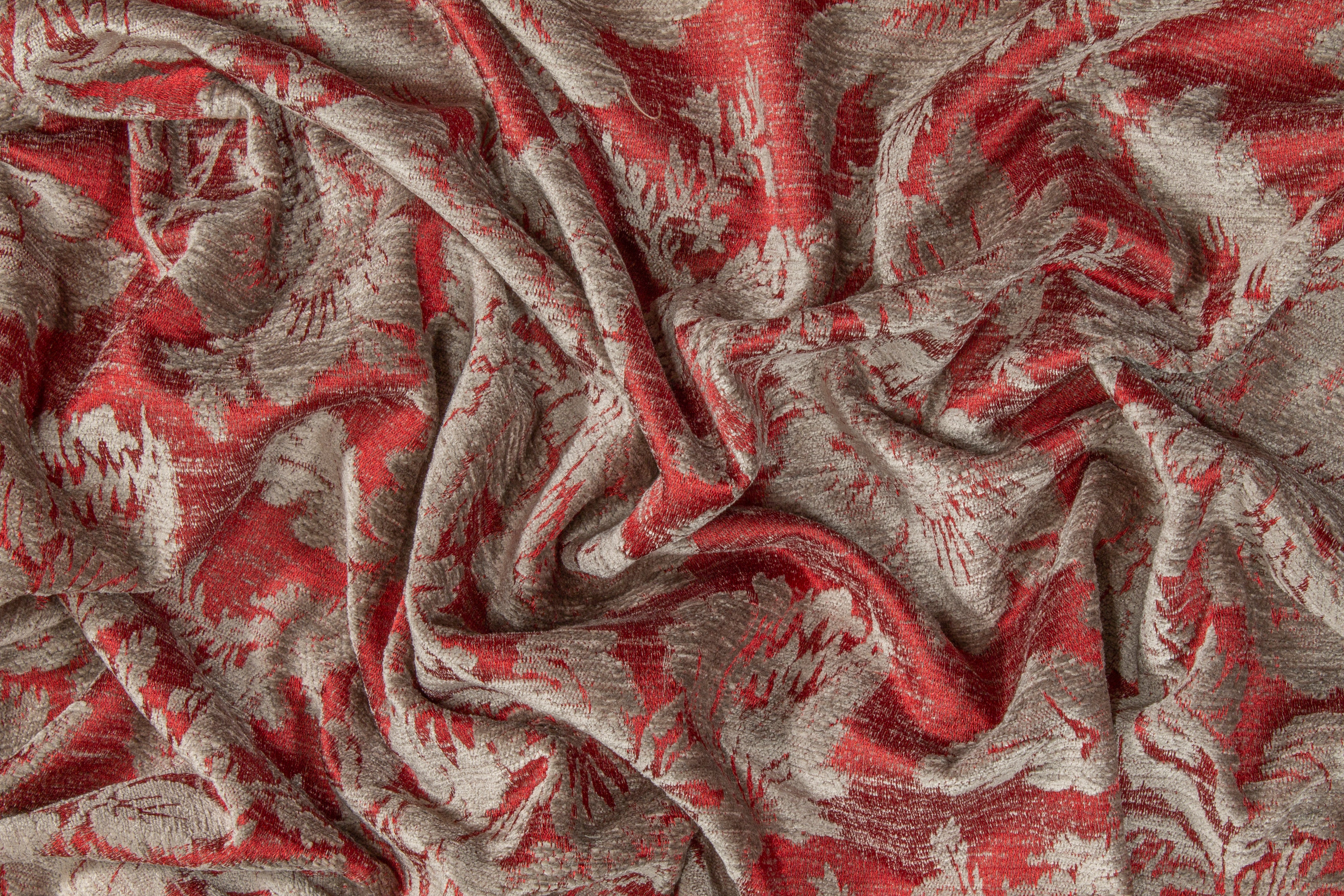 Floral Chenille Brocade - Red / Taupe