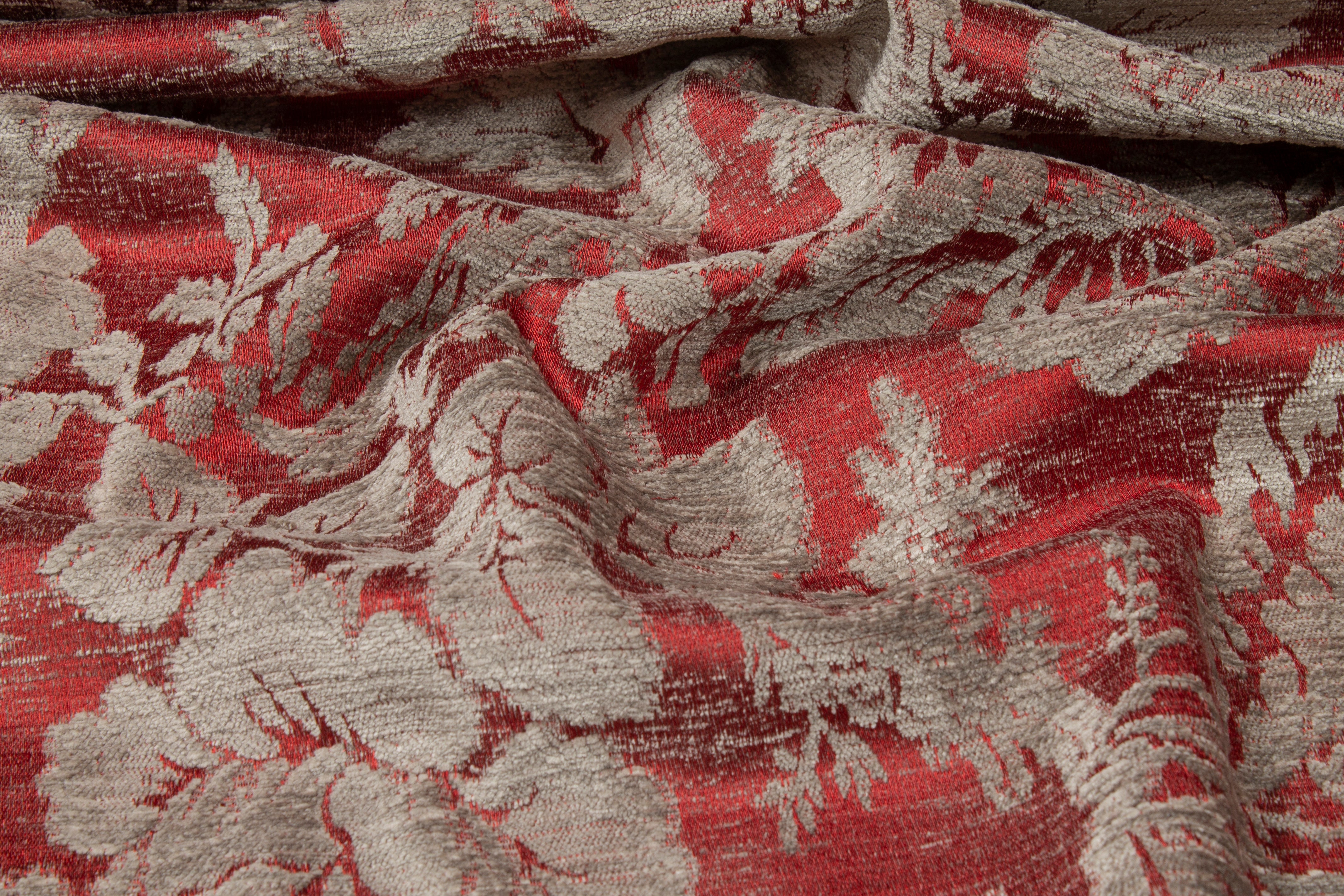 Floral Chenille Brocade - Red / Taupe