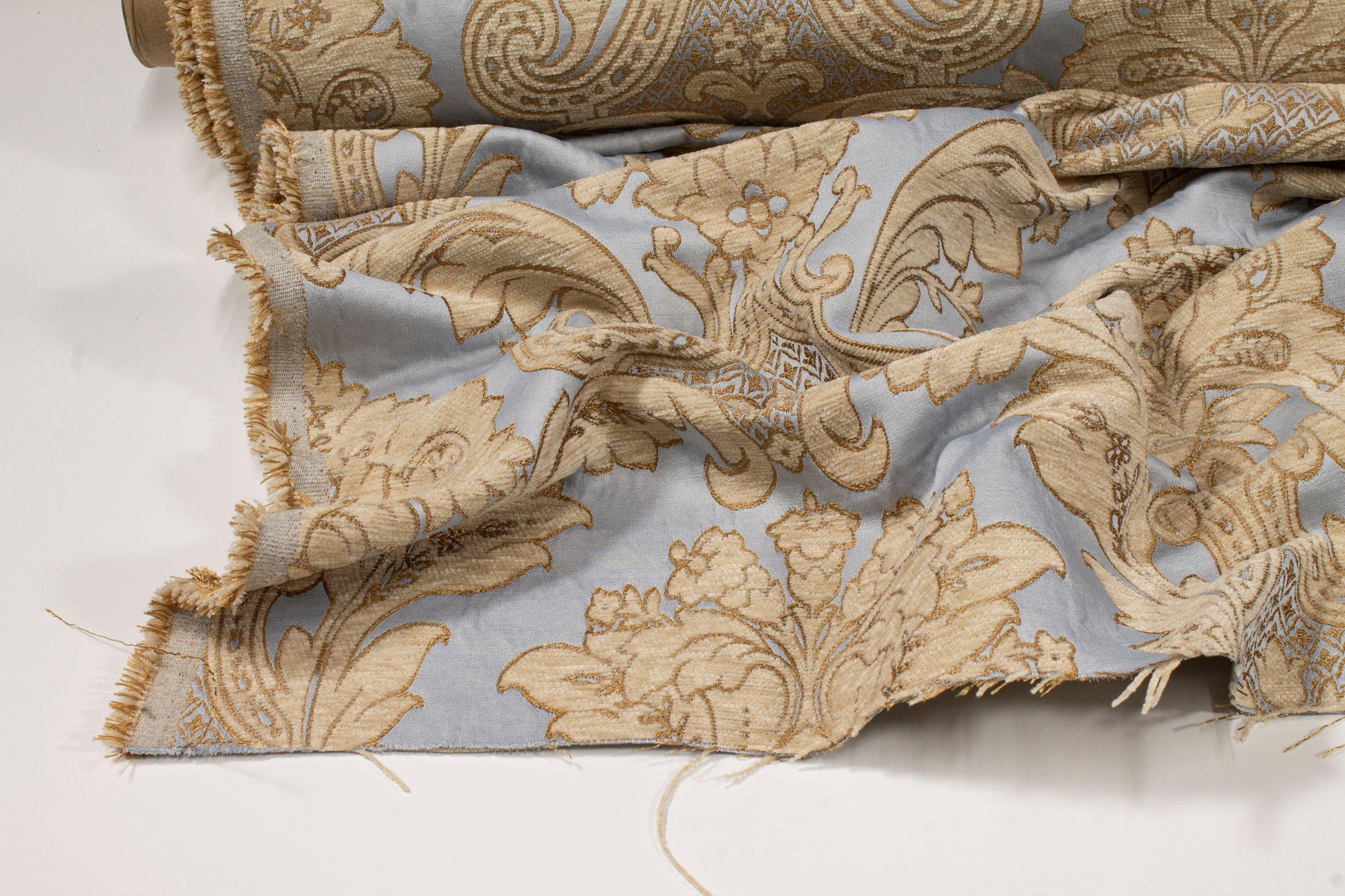 Damask Cut Velvet Upholstery - Blue and Gold - Prime Fabrics