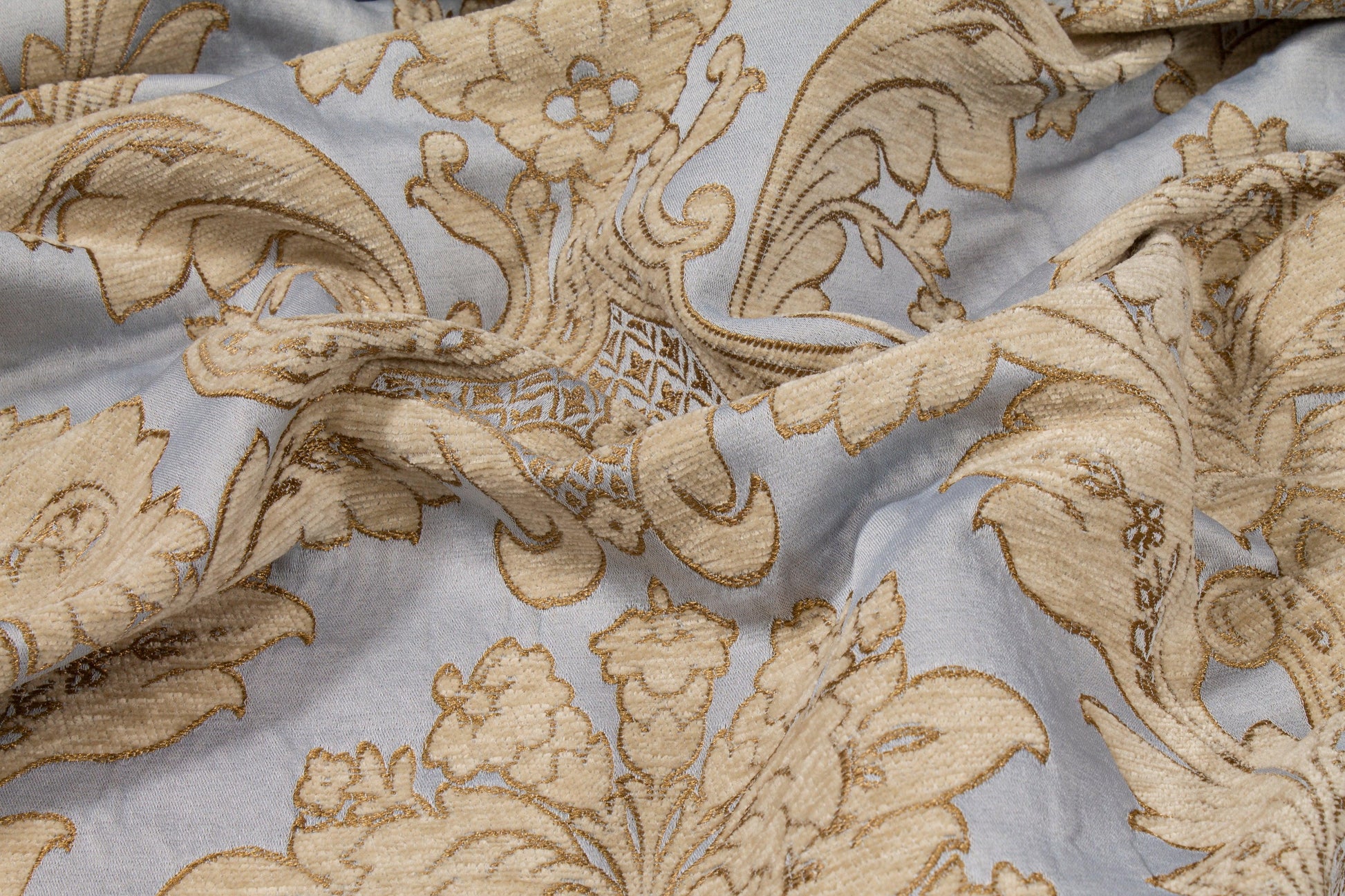 Damask Cut Velvet Upholstery - Blue and Gold - Prime Fabrics