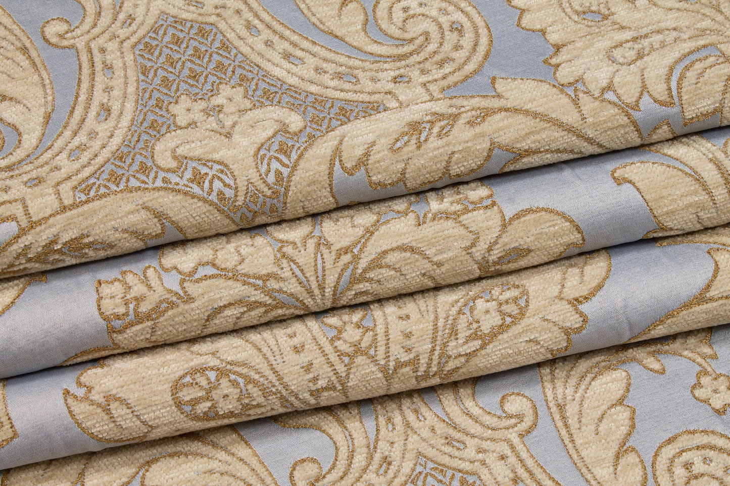 Damask Cut Velvet Upholstery - Blue and Gold - Prime Fabrics